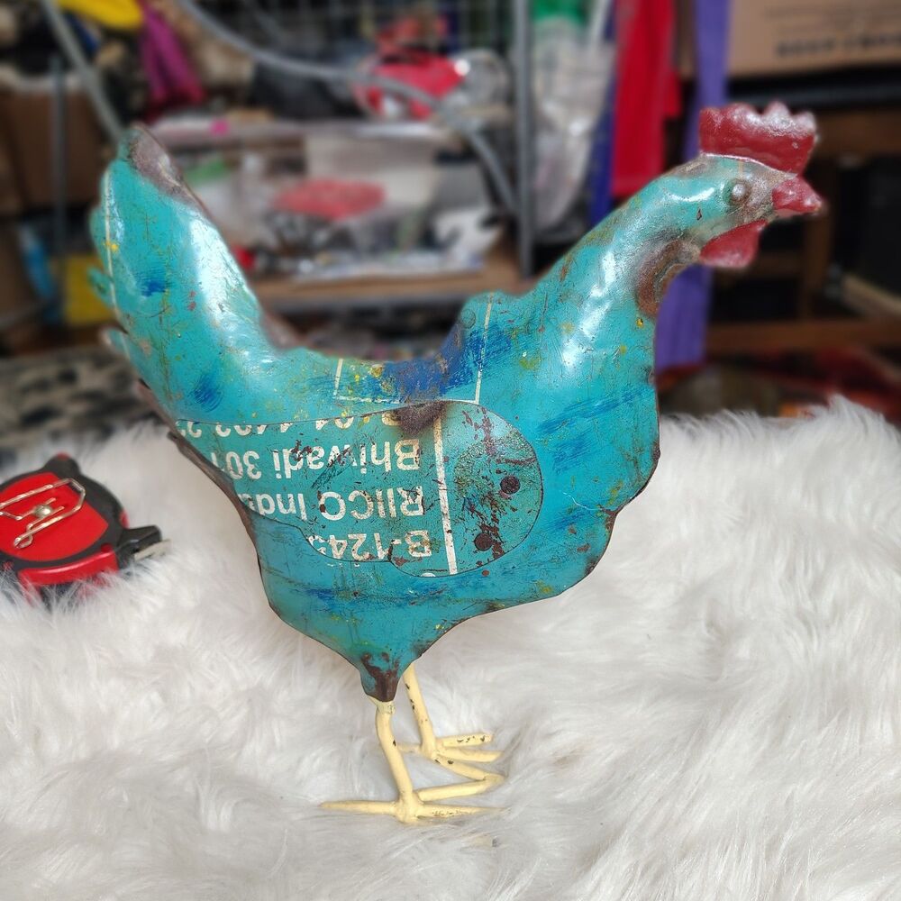 Rustic Repurposed Colorful Scrap Metal Welded Hen Rooster Chkn Primitive Statue